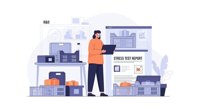 Logistics manager checking stress test report and inventory in warehouse