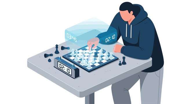 Man playing chess with digital clock, strategic thinking, concentration, indoor game