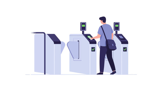 Man using ticket gate for public transport, modern access control system