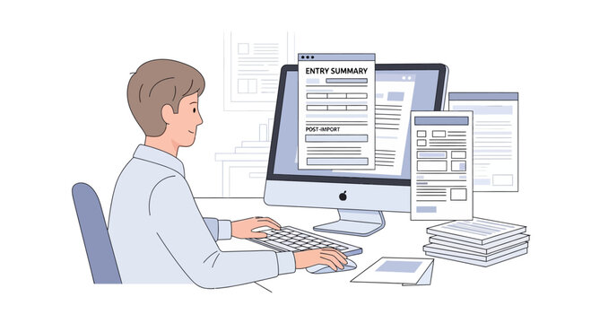 Man working on computer with entry summary document and financial reports
