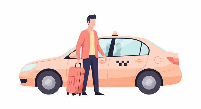 Man with suitcase standing next to a taxi car.