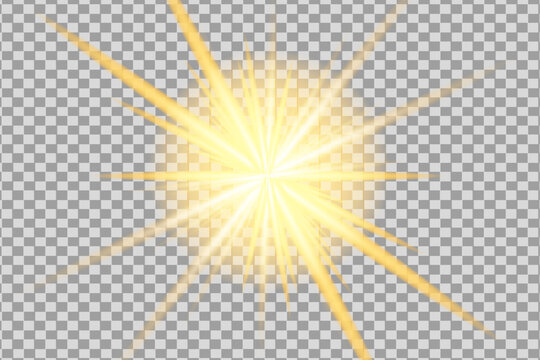 Bright yellow starburst explosion effect with sparkling rays on transparent background