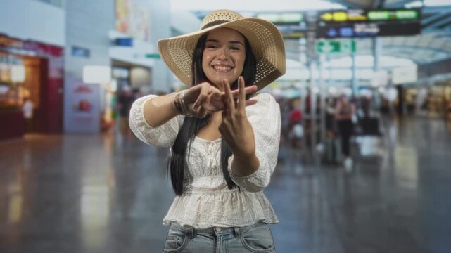 Woman making a hashtag sign with her hands while wearing a wide straw sunhat and smiling in a busy airport terminal concourse; travel joy.