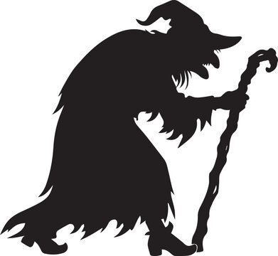 Aged Crone Silhouette Walking with Magic Staff