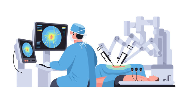 Robotic surgery: surgeon controlling robot arms for minimally invasive operation on patient