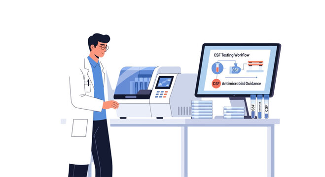 Scientist working with automated laboratory equipment and computer in a modern research lab