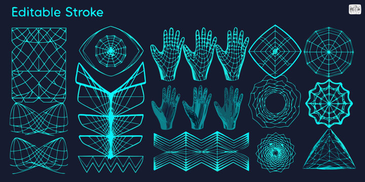Neon blue geometric wireframe designs with editable stroke abstract shapes and hands on dark background