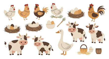 Farm animals and their products, including chickens, cows, geese, and eggs. © Rejeki