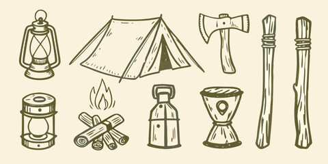 Camping equipment sketch set including lantern tent axe and signpost on a white background © Titul