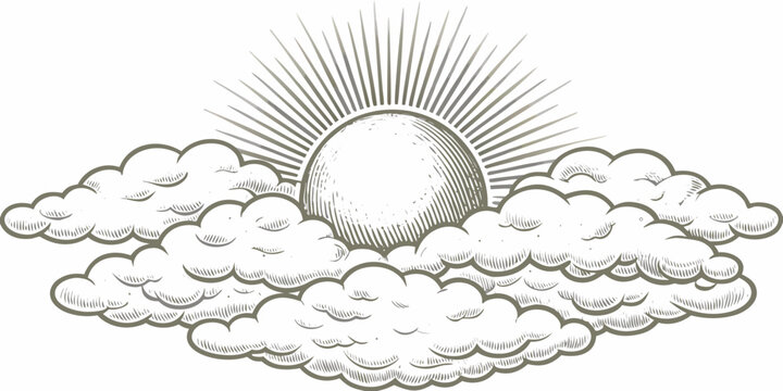Hand drawn sun bursting through clouds vintage style engraving on white background high quality professional