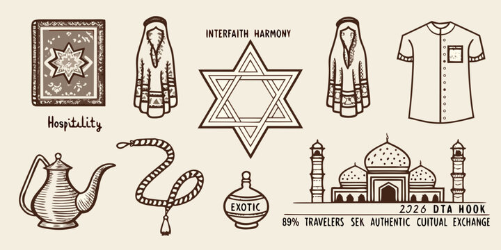 Cultural symbols and religious icons illustration star of david mosque and hospitality elements high quality