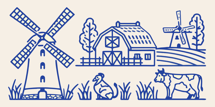 Line drawing of a dutch windmill american barn cows and rural landscape scene high quality