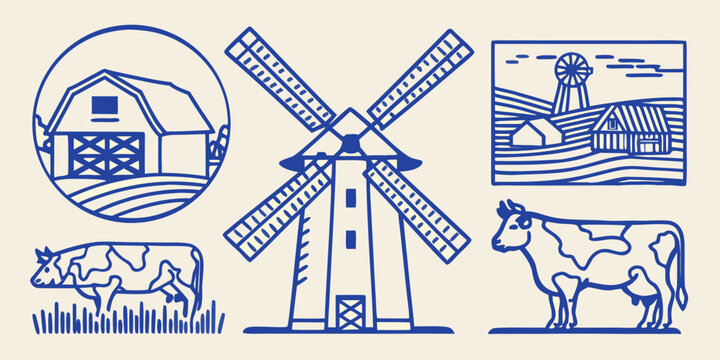 Line art illustration of a dutch windmill american barn cows and rural landscape high quality
