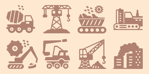 Construction machinery icons set including crane dump truck and excavator in a flat style © Titul