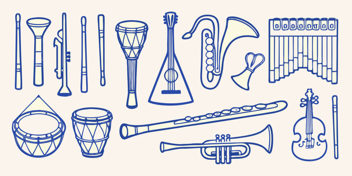 Collection of musical instruments in blue line drawing style on a neutral background high quality