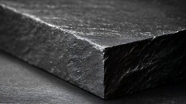 Macro view of dark textured stone slab surface.