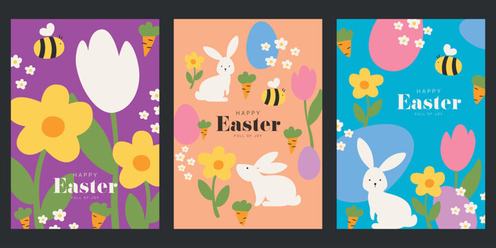 Easter Poster Template Set with Abstract Bunny Eggs Flowers Pastel Spring Symbols for Cards Invitations and Sale Designs