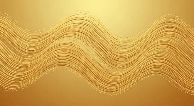 Abstract golden flowing wavy lines with sparkling glitter textures on a metallic gradient background. Detailed horizontal band of curved parallel lines with light reflections.