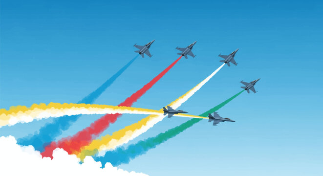 Six military fighter jets performing an aerial demonstration in a clear blue sky, leaving vibrant multi-colored smoke trails in red, blue, yellow, and green above white clouds.