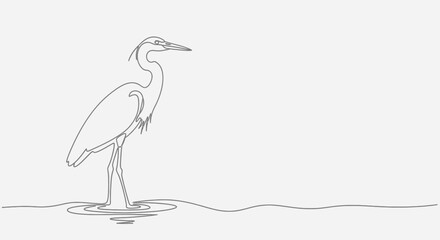 Fototapeta premium Minimalist single line drawing of a heron standing in water, elegant bird illustration