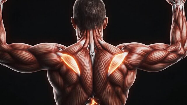 Anatomical 3D illustration of man performing lat pulldown exercise highlighting back muscle groups and spine on black background