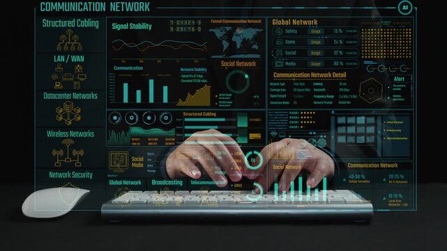 Explore a high-tech interface of a communication network with hands on a keyboard, showcasing data-driven insights and performance metrics for modern connectivity solutions. Cipher