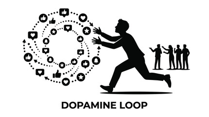 Obraz premium Silhouette of a man reaching toward a digital vortex of social media interaction icons and notifications