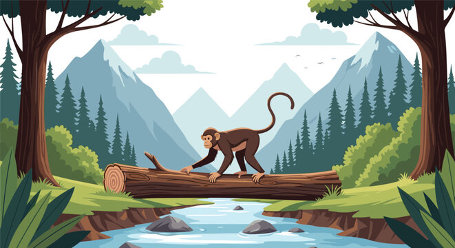 Small monkey carefully crosses a river using a fallen tree log bridge in a beautiful mountain forest landscape during the day.