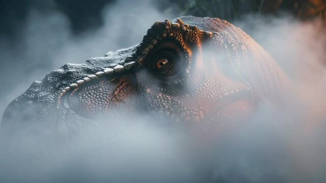 Close-up of a fearsome Tyrannosaurus Rex head emerging from mist.