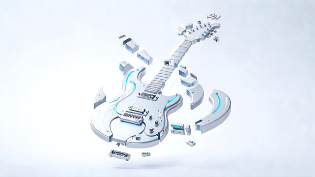 Modular puzzle musical instrument, pieces floating and assembling into a guitar, futuristic concept, clean background, soft lighting, highly detailed, 3D render, 