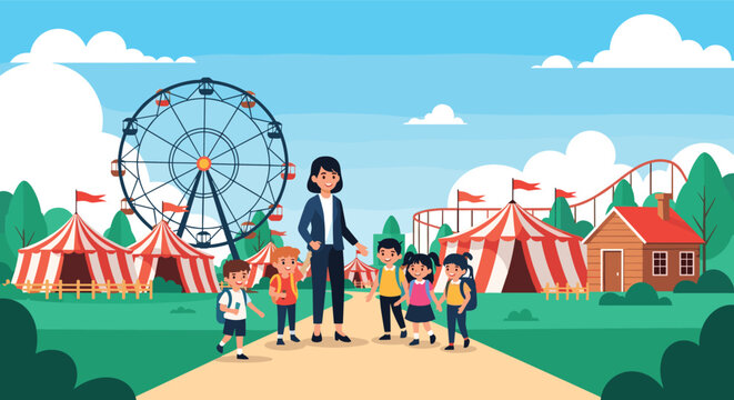 Teacher takes a group of students on a field trip to a colorful amusement park with a ferris wheel and circus tents.