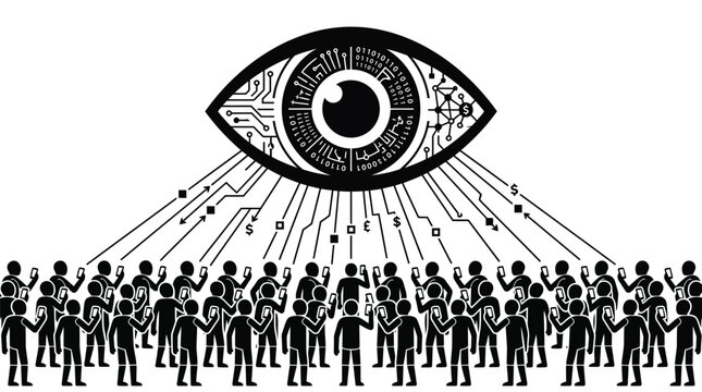 Giant digital eye watching a crowd of people using mobile phones to capture their private data