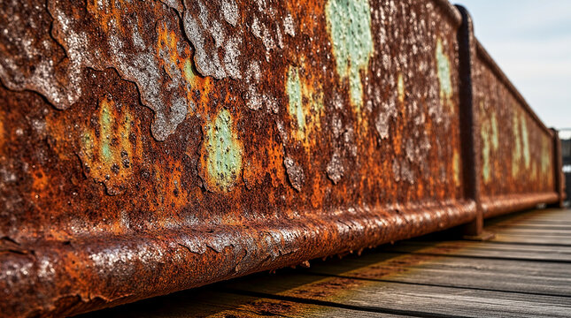 Old Rusty Steel Beam with Corroded Texture on Wooden Bridge