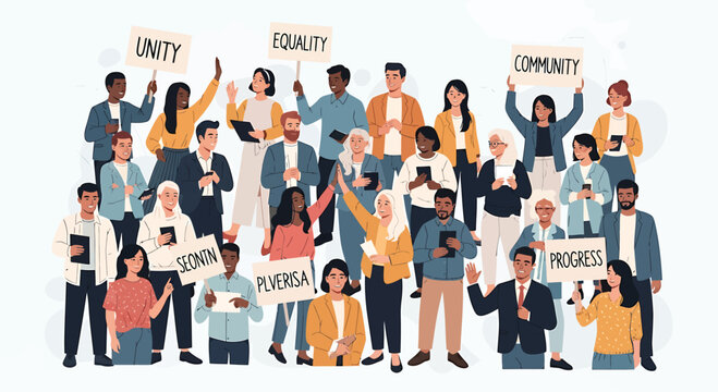 Diverse People Holding Unity and Equality Signs in Community
