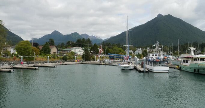 Crescent Harbor in the summertime.Yacht's and boats in Crescent Harbor, Sitka, Alaska. St.Peter's by-the-Sea Episcopal Church