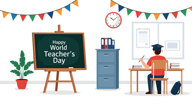Dedicated teacher prepares for class at a desk in a classroom decorated for World Teacher's Day celebration events.