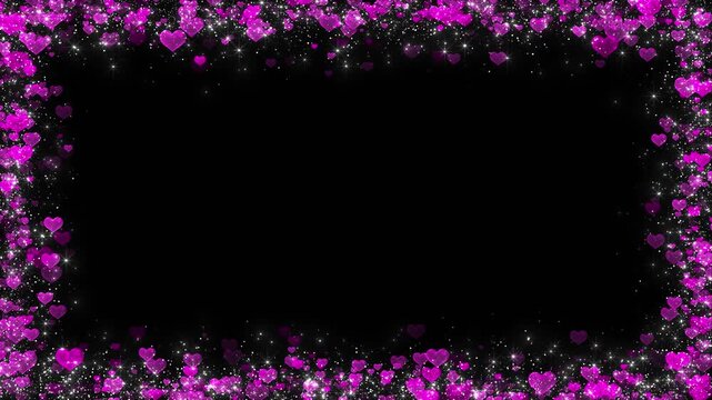 Purple heart border background black center copy space, sparkling white stars, glittering love shapes, festive shine. Valentine videos, wedding invites, romantic titles, anniversary cards, sweet