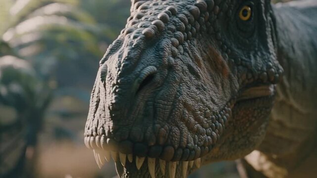 Close up of a ferocious Tyrannosaurus Rex dinosaur roaring in a prehistoric jungle environment.