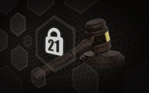 A 3D rendering of a wooden judge gavel alongside a digital padlock icon with the number 21, representing legal restrictions, age limits, and statutory regulations.