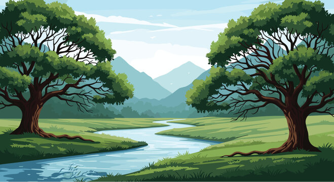 Serene landscape depicts a winding river flowing through a green meadow between two large leafy trees toward distant mountains.