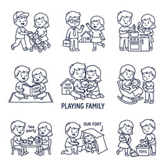 Fototapeta premium brother and sister playing family line icon set cartoon