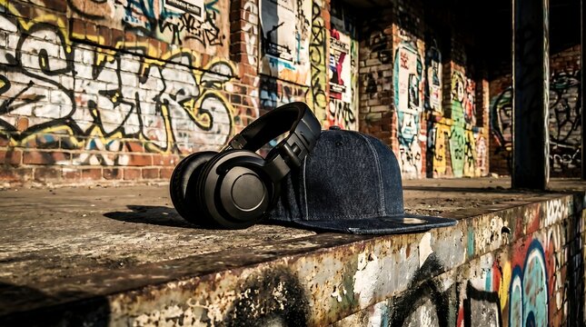 Urban street style scene with headphones and snapback hat on concrete surface, graffiti background, edgy vibe, modern youth culture, bold lifestyle concept.