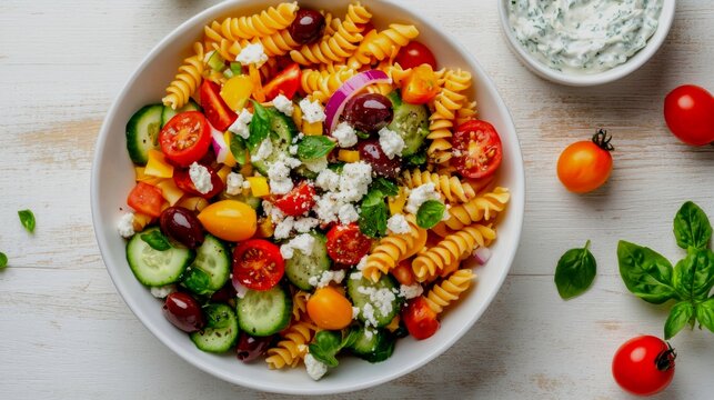 a generous scattering of tri-color rotini (tomato red, spinach green, classic yellow) mixed with colorful ingredients for a Greek pasta salad