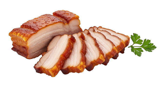 Crispy roasted pork belly sliced with golden crackling and fresh isolated on transparent background
