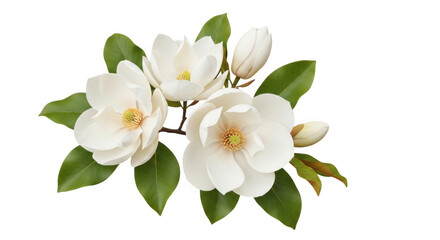 Naklejka premium Delicate white magnolia flowers and buds with green leaves, isolated on transparent background