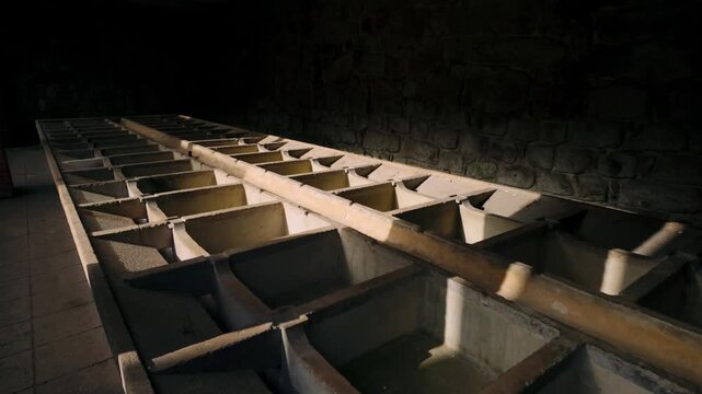 Long concrete structure with numerous grid compartments, possibly ancient washing tanks or industrial vats, situated in a dimly lit, dark stone room. Evokes historical industrial processes or storage.