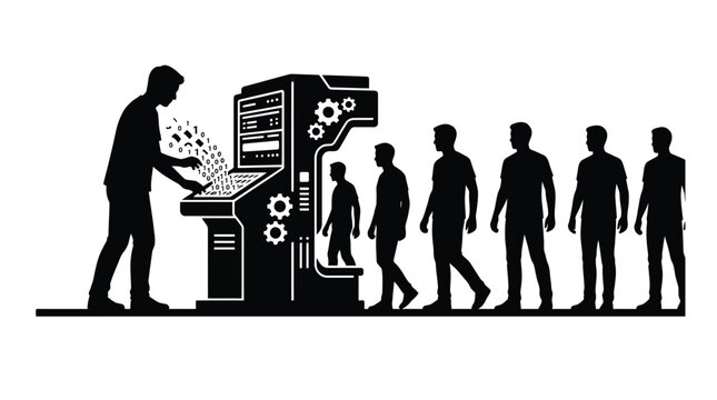 Man operating a futuristic machine that produces human silhouettes in a line for high tech manufacturing