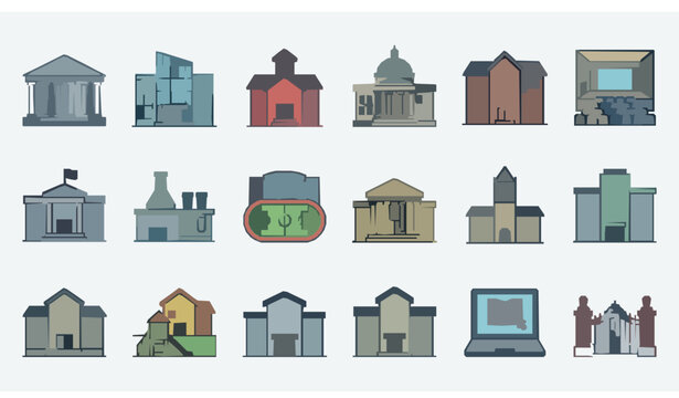 Modern flat school and university building icons set with campus architecture symbols collection