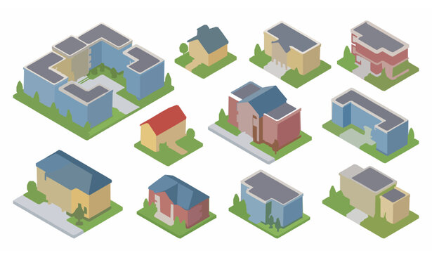 Isometric school and university buildings vector set with campus architecture illustrations
