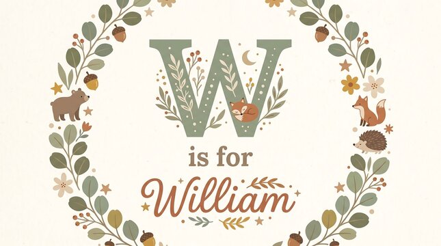 A charming floral wreath with woodland creatures surrounds a decorative baby name sign reading 'W is for William' in elegant cursive on a soft cream background